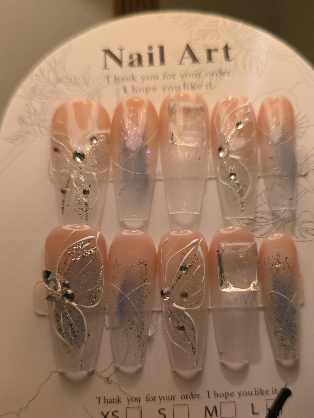 Nude Pink and Clear Press-On Nail Set with Rhinestones Size Large